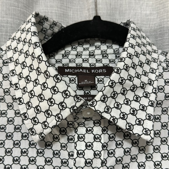 MK Allover Print Button Front Dress Shirt-Slim Fit-M-Black/White-98 Cotton-EUC - Picture 4 of 15
